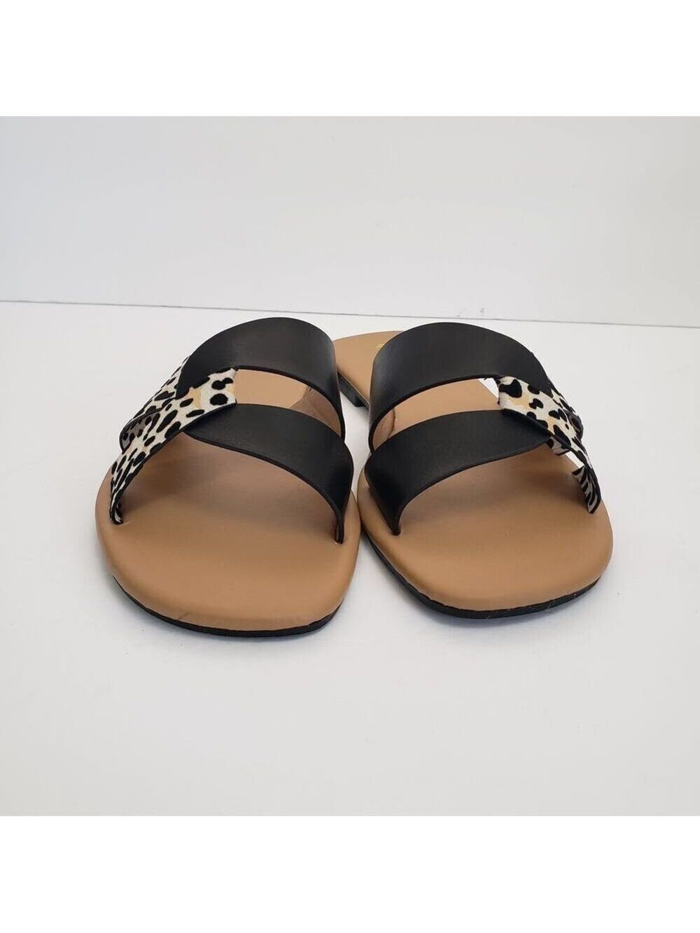 Qupid Womens Slip-On Black Animal Print Flat Two-Tone Sandals - Picture 5 of 8